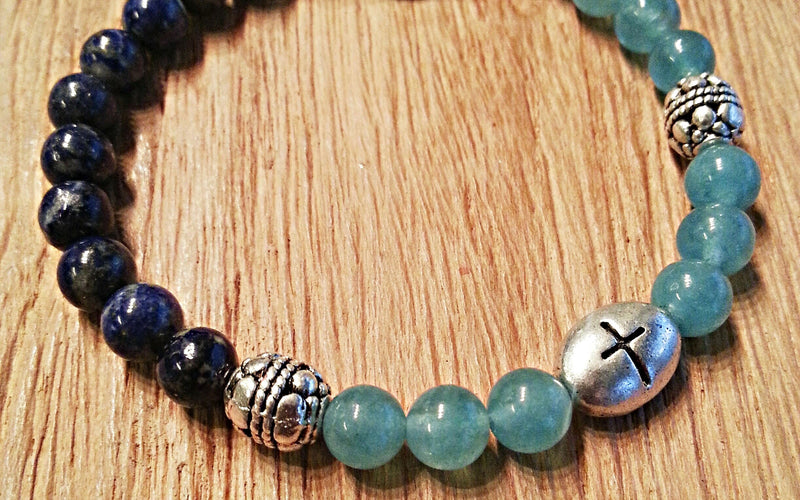 6mm blue amazonite with lapis lazuli and silver cross bead bracelet