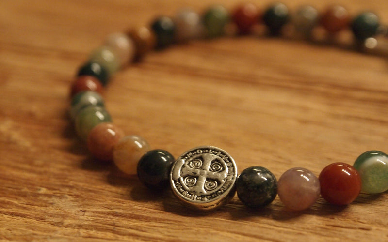 Cross button with 6mm moss agate bead bracelet