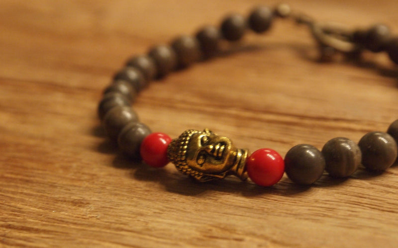 6mm brown wooden jasper and red coral with gold Buddha head bead bracelet