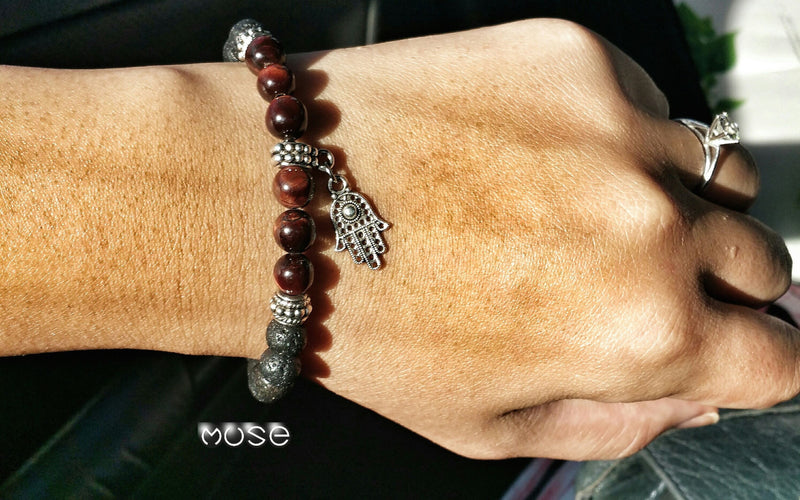 Believe Collection - Hamsa Hand Silver with Red Tiger's Eye and Lava Stone