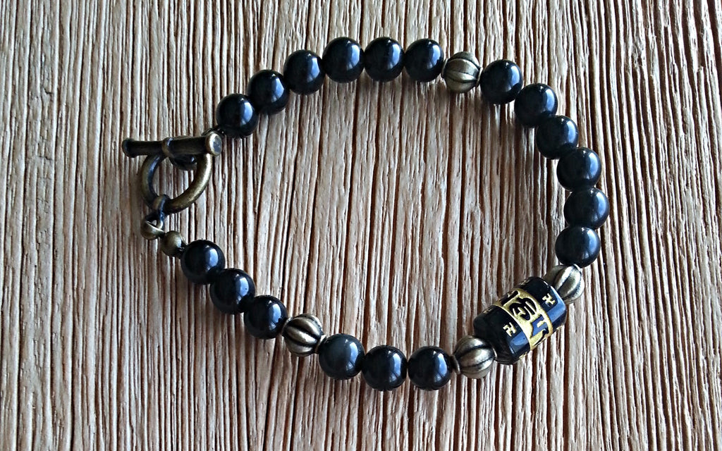Prayer bead with 6mm onyx and antique brass beads beaded bracelet for men and women