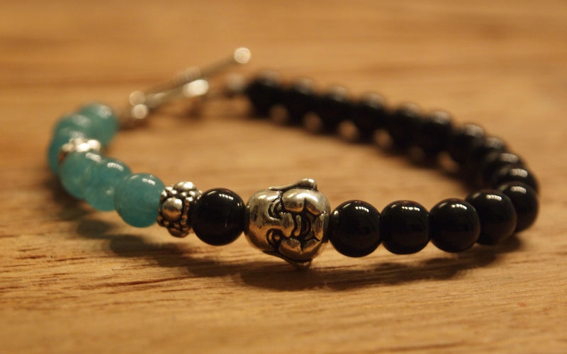 6mm blue amazonite, black onyx with silver laughing Buddha bead bracelet
