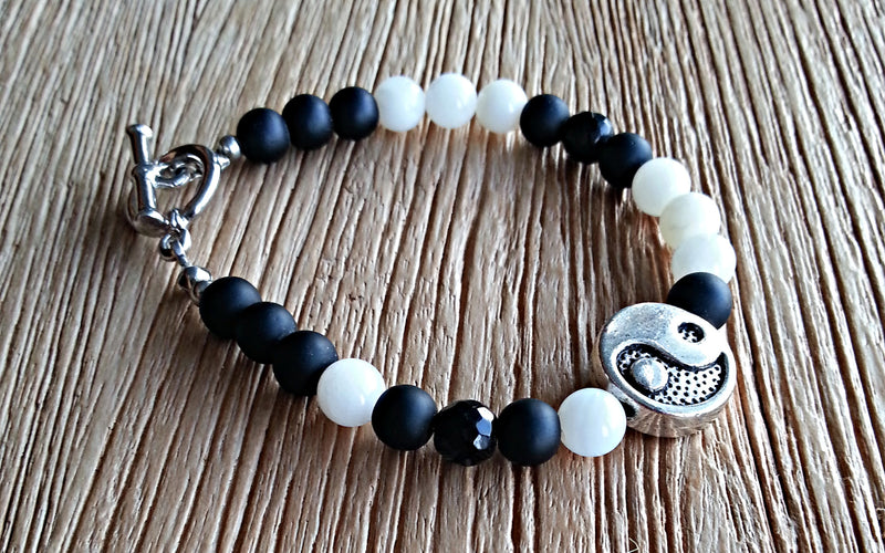 Yin and yang silver charm with 6mm matte black obsidian, white riverstone and cut black agate beaded bracelet for men and women