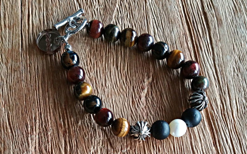 8mm mixed tiger eye, obsidian, seawater mother-of-pearl and Tibetan silver beaded bracelet