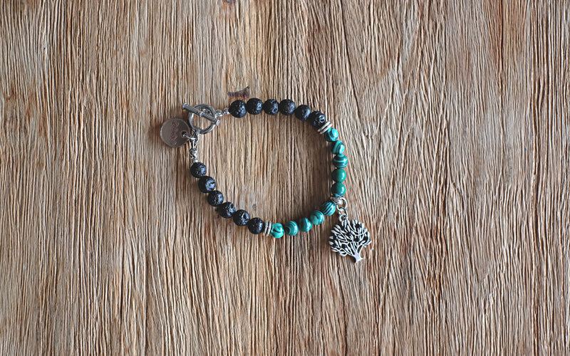 Tree of life charm with 6mm malachite and lava stone beaded bracelet
