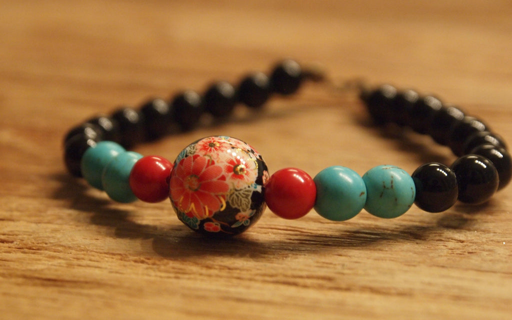Japonaiserie Collection - Floral Tensha with Onyx, Red Coral and Turquoise