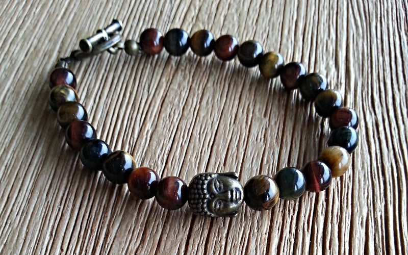 Brass Buddha 2 Head with 6mm Mixed Tiger Eye Beads; beaded bracelets; unisex bracelets