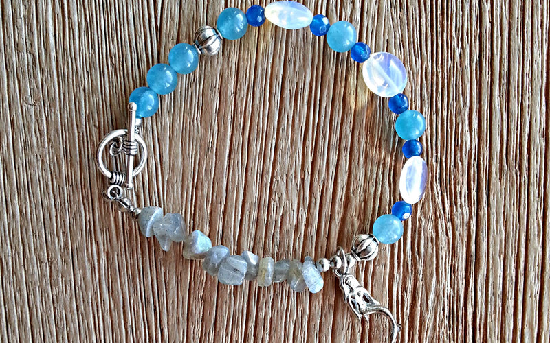 Silver mermaid charm with rutilated grey moonstone chips, 6mm amazonite and 4mm blue cut agate beads and round disc moonstones beaded bracelet.
