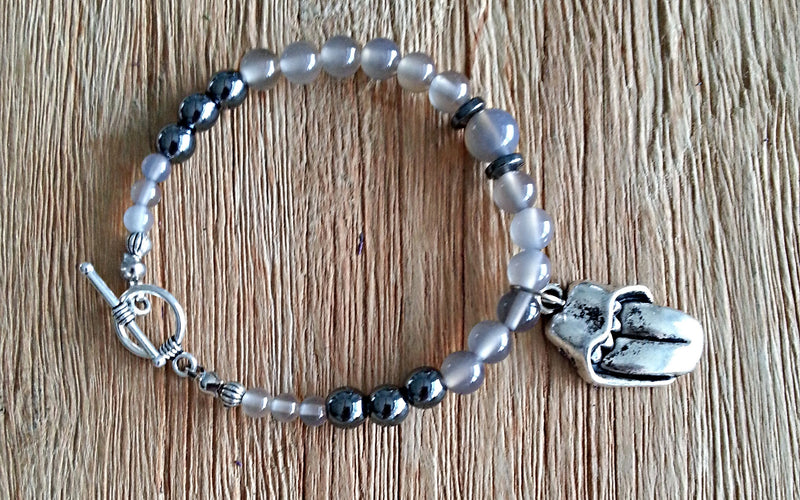 Tongue and lips silver charm with 4mm, 6mm and 8mm smoky agate and 6mm hematite beaded bracelet