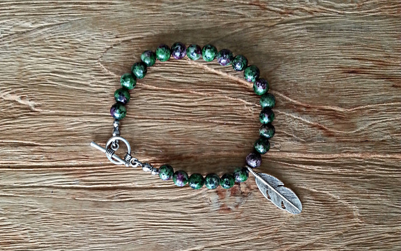 6mm ruby zoisite beads with silver feather charm beaded bracelet