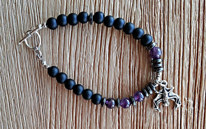 Silver bat charm with hematite discs, 6mm purple amethyst and matte black obsidian bead bracelet
