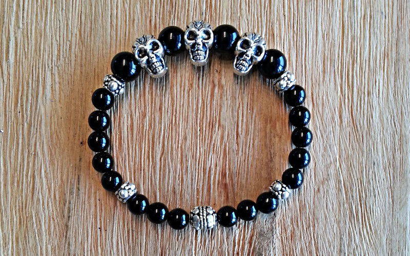 Rebelution Collection - Skulls Silver with Onyx Stretch Bracelet