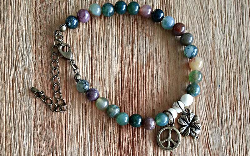 Peace and 4-leaf clover antique brass charms with 6mm bloodstone and howlite beaded bracelet