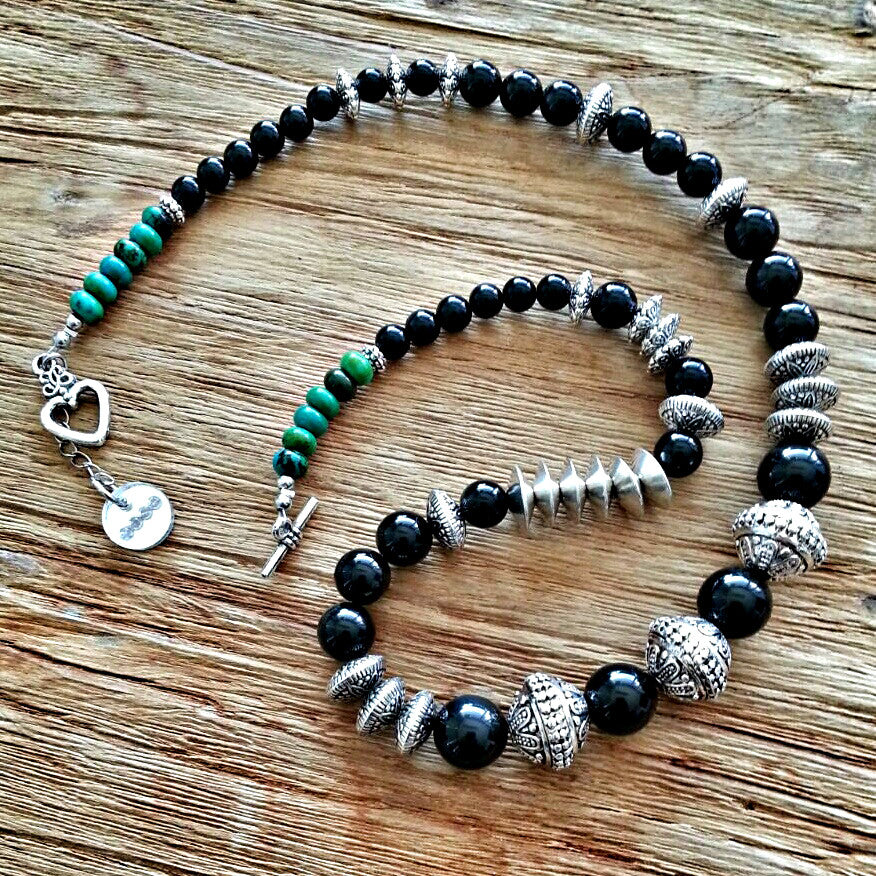 &other Creations Collection - Onyx, Turquoise Rondelles and Silver Beaded Necklace
