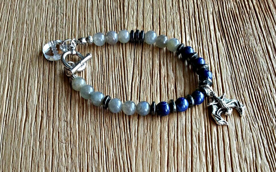 Silver bat charm with 6mm labradorite, lapis lazuli beads and hematite discs. Beaded bracelets for men and women.