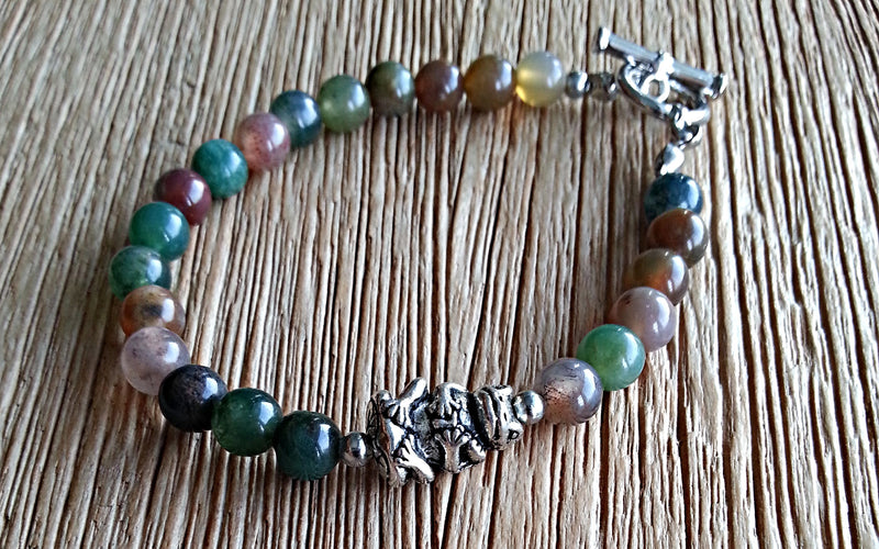 Silver frog charm with 6mm bloodstone beads; beaded bracelets for men and women