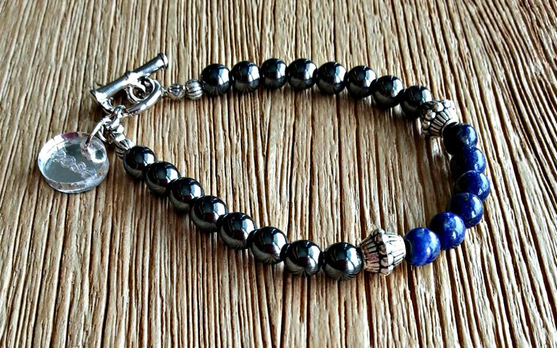 6mm hematite and lapis lazuli beads. Beaded bracelets for men and women.