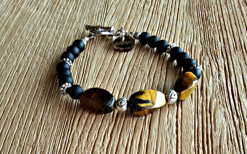 Trio of tiger eye beads with 6mm silver eye beads and matte black obsidian beads. Beaded bracelets for men and women.