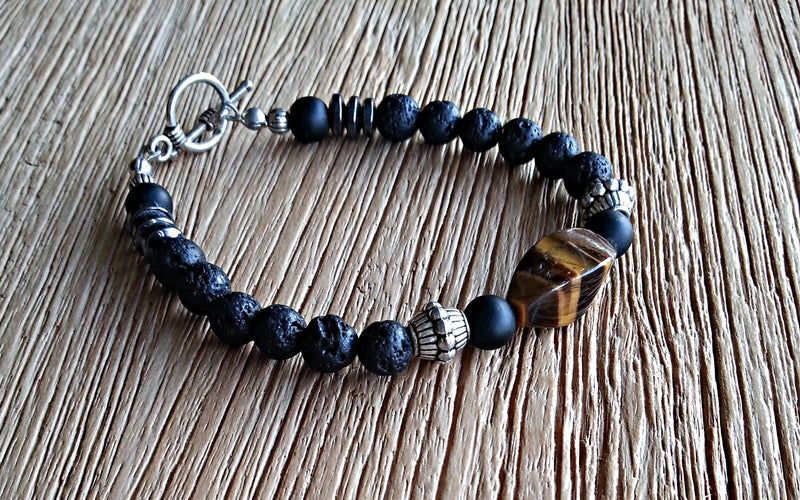 Tiger eye with 6mm lava stones, obsidian and hematite discs. Beaded bracelets for men and women.