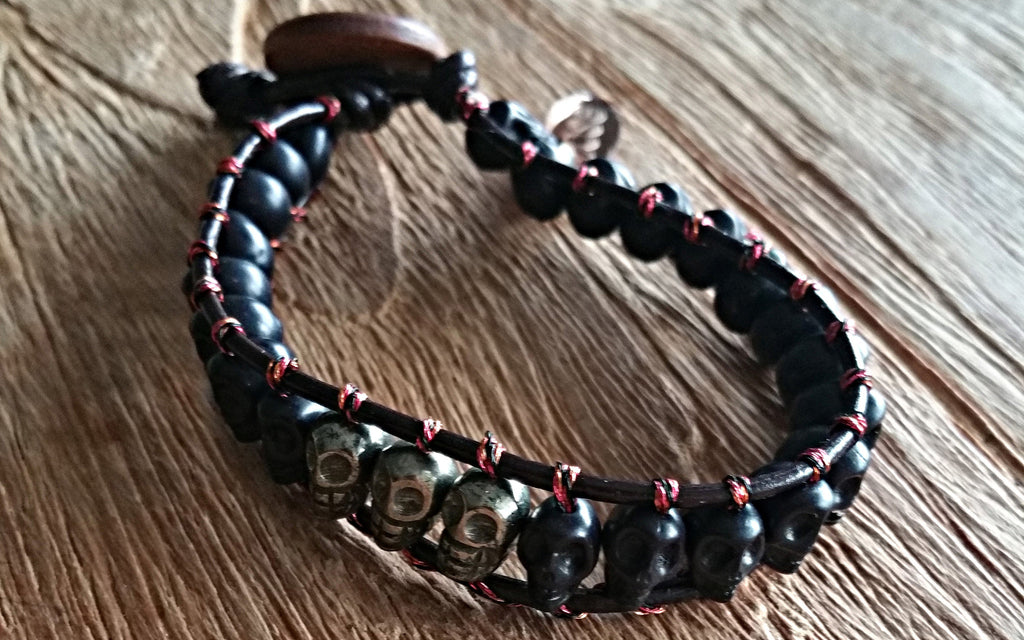 8mm black howlite and pyrite skulls leather cord-style bracelet
