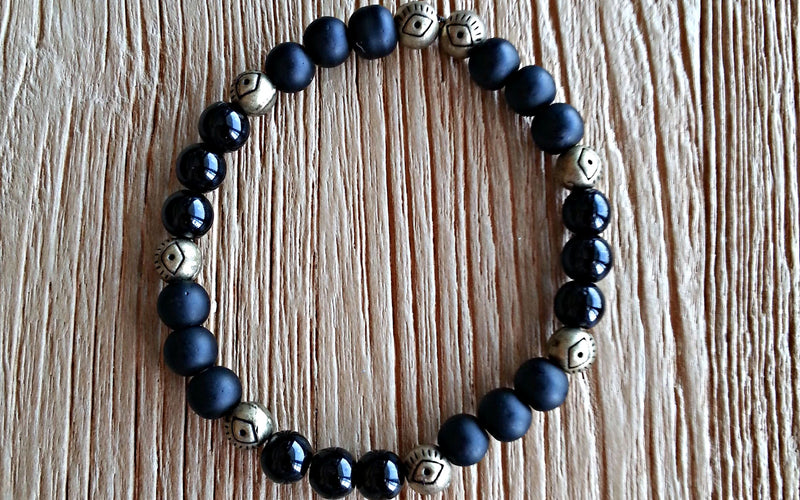 &other Muses Collection - Obsidian, Onyx and Antique Gold Eye Bead Stretch Bracelet