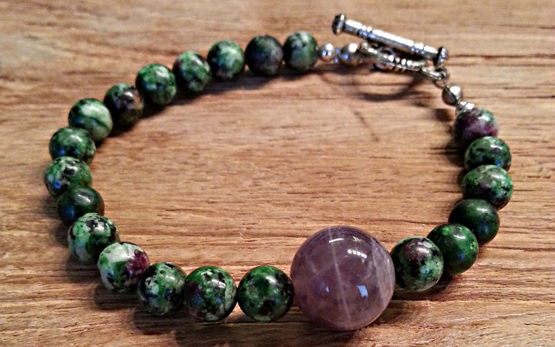 6mm ruby zoisite with 12mm amethyst green and purple bead bracelet