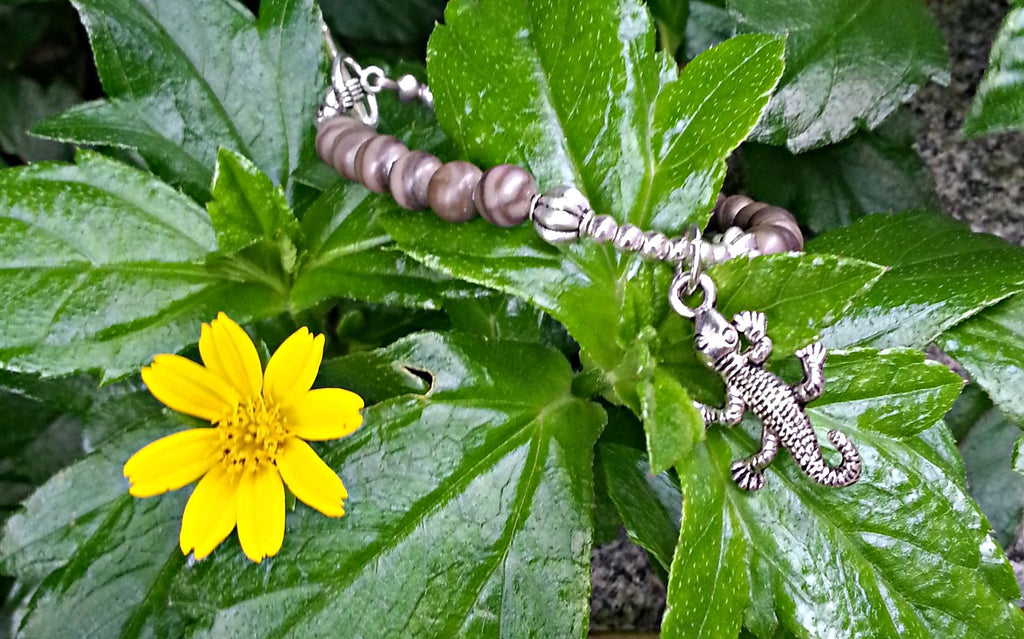 6mm brown wooden jasper and silver gecko charm bead bracelet